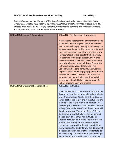 Practicum Danielson N A Practicum Danielson Framework For