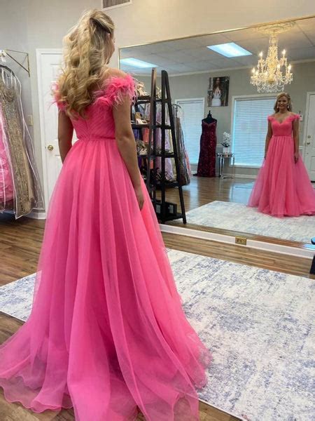 Off Shoulder Hot Pink Tulle Long Prom Dresses With 3d Flowers Long Ho