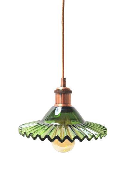 Lampa wisząca retro szklana plisy wachlarz zielona miedź retro