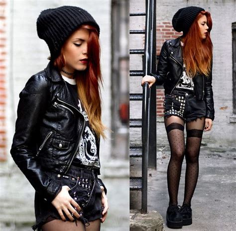 Leather Jacket Denim Shorts Thigh High Stocking Grunge Grunge Look