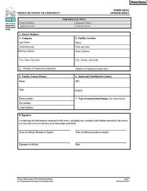 Fillable Online Notice Of Intent To Construct Form Aq State Of