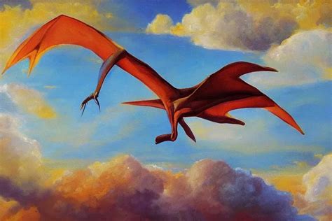 Oil Painting Of A Giant Pterodactyl Flying Through The Stable