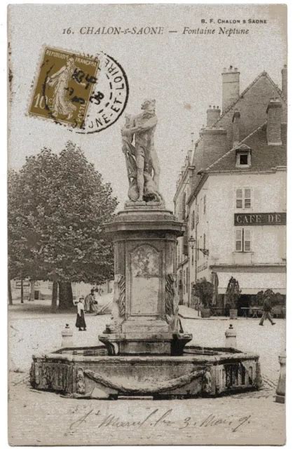 CHALON SUR SAONE Saône Loire CPA 71 la Fontaine Neptune Café