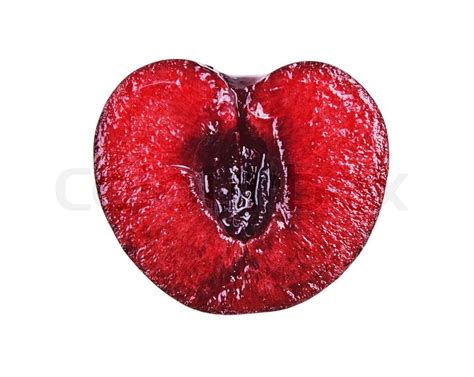 Image Of Fresh Single Cherry Cut In Half Isolated On White Stock