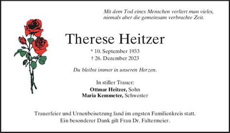 Traueranzeigen Von Therese Heitzer Mittelbayerische Trauer