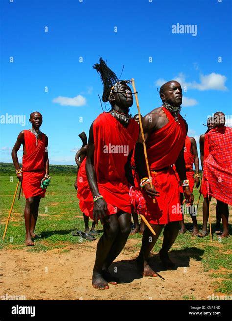 African Traditional Jumps Masai Mara Warriors Dancing Kenya Stock