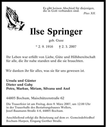 Traueranzeigen Von Ilse Springer Trauer In Nrw De