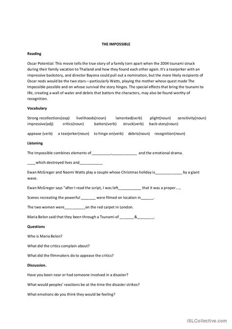 The Impossible Video Or Movi English Esl Worksheets Pdf Doc