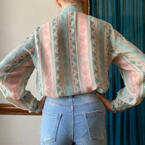 Vintage Pussy Bow Blouse S Top Pastel Button Up Shirt Pink Green Top