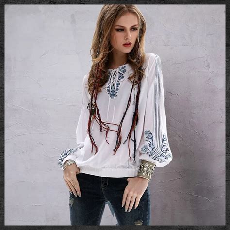 Bohemian Hippie Long Sleeve O Neck White Embroidery Lace Up White