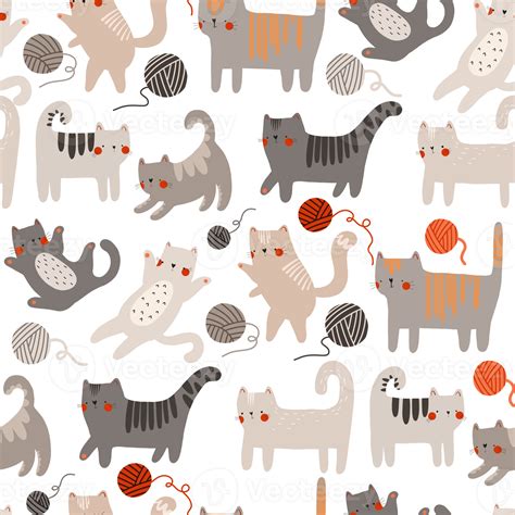 Seamless Pattern With Cute Cartoon Cats Cats Of Different Colors Play
