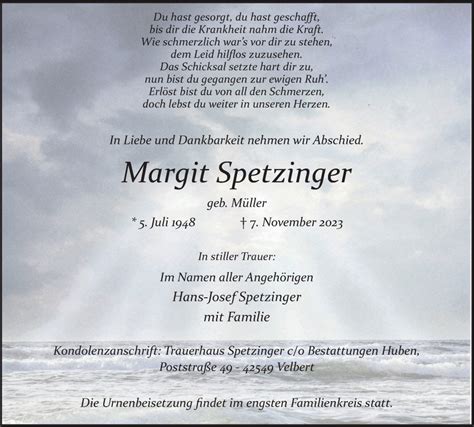 Traueranzeigen Von Margit Spetzinger Trauer In Nrw De