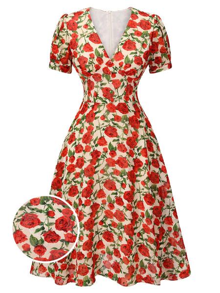 Red 1940s Rose V Neck Swing Dress Retro Stage