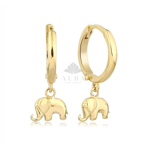 14k Gold Elephant Earrings Elephant Dangle Earrings Gold Etsy