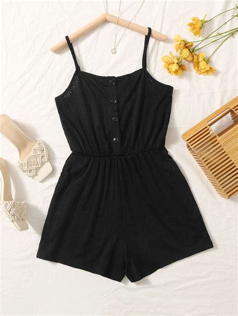 Shein Eyelet Detail Button Front Cami Romper Stylish Outfits Cami