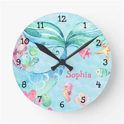 Under The Sea Mermaid Teal Pink Girl Nursery Round Clock Zazzle