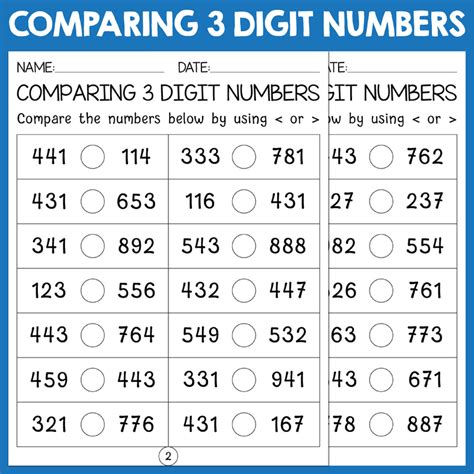 Comparing 3 Digit Numbers Worksheets Teaching Resources