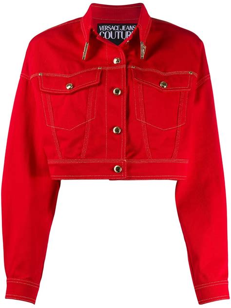 Versace Jeans Couture Contrast Stitching Cropped Denim Jacket In Red Modesens Red Denim