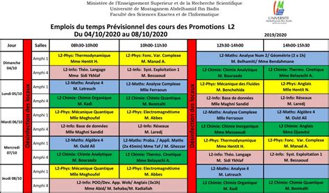 Emplois Du Temps Prévisionnel Des Cours Des Promotions L2 Faculté Des
