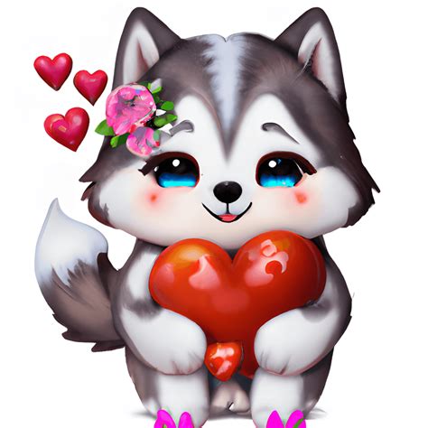 Gráfico de cuerpo entero de Kawaii Valentine Husky Dog Holding Love