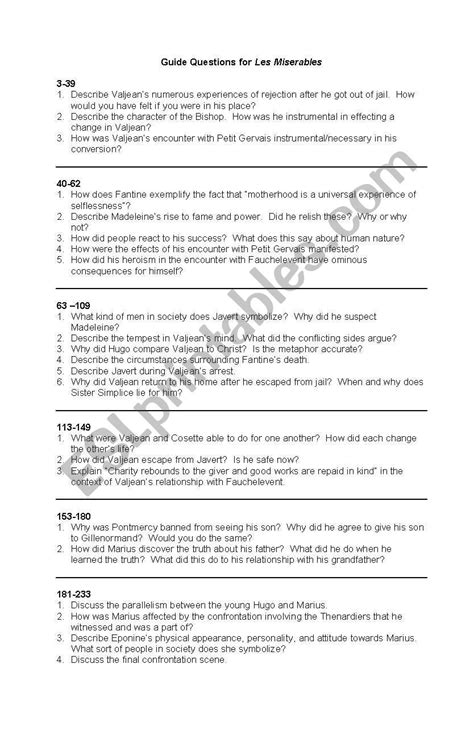 English Worksheets Guide Questions For Les Miserables