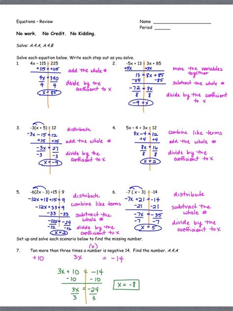 Equations Assignments Ms Ulrichs Algebra 1 Class