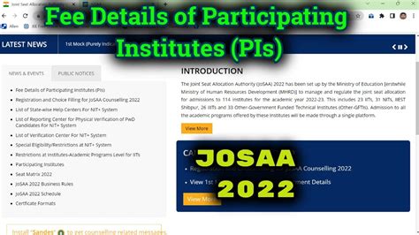 Fee Details Of Participating Institutes New Update Josaa Website