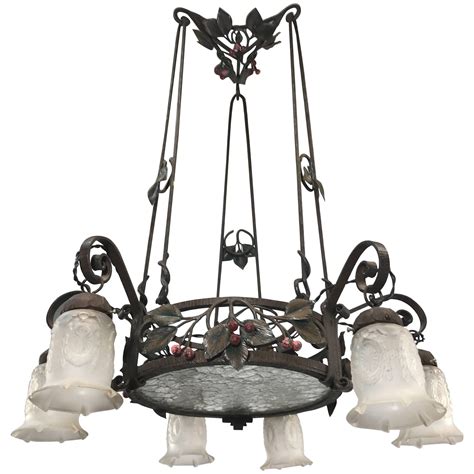 Antique Arts And Crafts Four Arm Chandelier With Slag Glass Shades