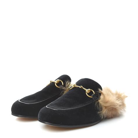 Gucci Velvet Fur Mens Princetown Slippers Slides 5 Black 483788