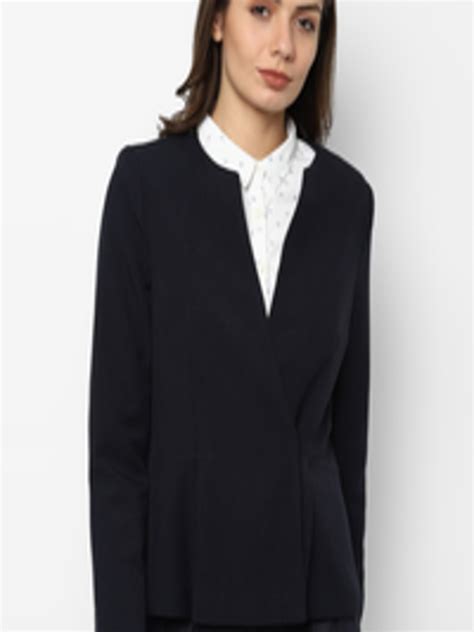 Buy Allen Solly Woman Navy Blue Solid Collarless Single Breasted Formal Blazer Blazers For