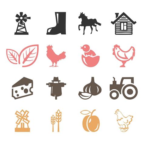 Vector Peasant Farm Household Flat Icons Collection With Domestic