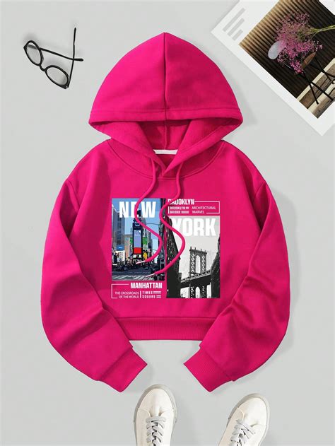 Street View And Letter Graphic Thermal Lined Drawstring Crop Hoodie