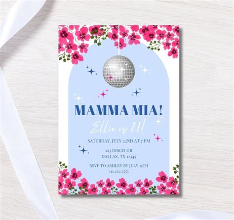 Editable Mamma Mia Birthday Invitation Mamma Mia Disco Greek Birthday