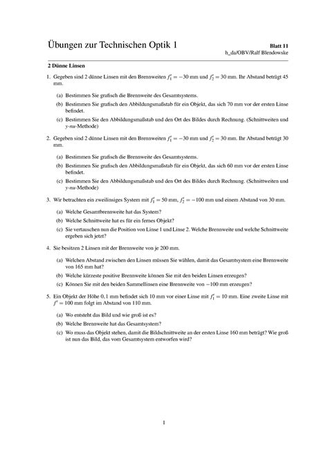 TO1 Uebung 11 Übung 11 Übungen zur Technischen Optik 1 Blatt 11 h