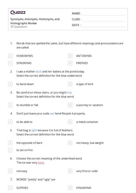 Homophones And Homographs Worksheets For Th Grade On Quizizz