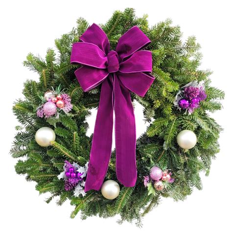 Fresh Fraser Fir Decorated Purple Velvet Hanging Wreath Van Putte