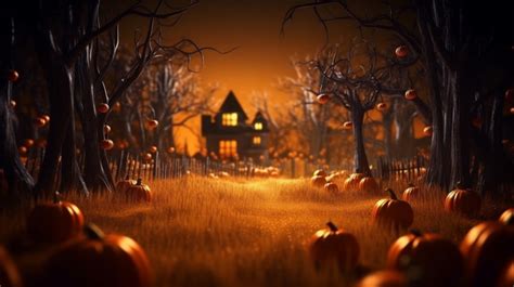 Spooky Halloween Night 3d Rendering Of Ghostly Jack O Lantern In Haunted Graveyard Background