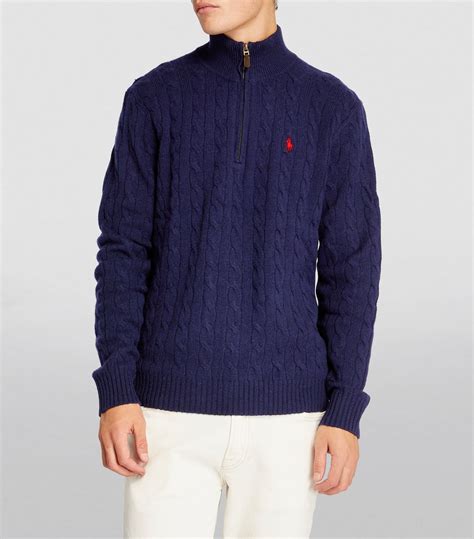 Mens Polo Ralph Lauren Blue Wool Cashmere Cable Knit Sweater Harrods