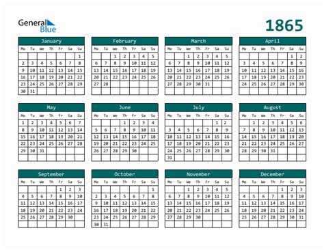 1865 Yearly Calendar Templates With Monday Start