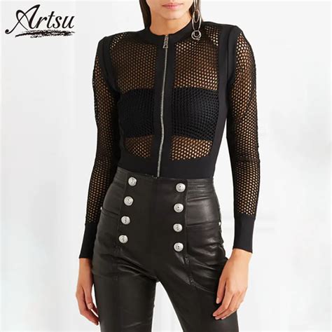 Artsu Womens Mesh Full Sleeve See Through Bodysuits Nightclub 2018