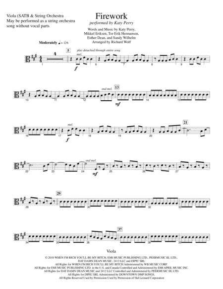 Firework Arr Richard Wolf Sheet Music Katy Perry Viola Solo