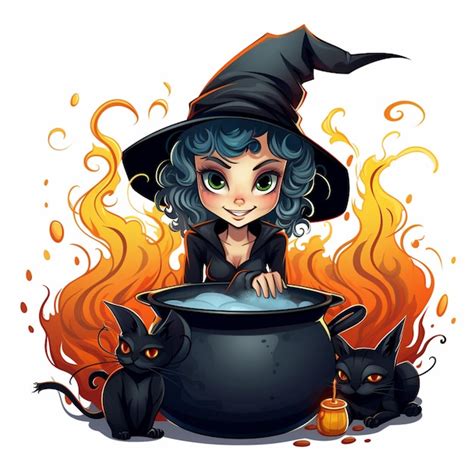 Bruja De Dibujos Animados Revolviendo Una Olla De Brujas Hirviendo Ai