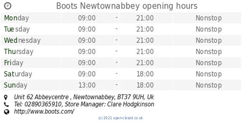 Boots Newtownabbey opening times, Unit 62 Abbeycentre