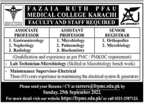 Fazaia Ruth PFAU Medical College Karachi Jobs 2022 For Teaching Faculty