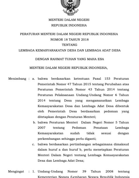 Permendagri No Tahun Lembaga Kemasyarakatan Desa Dan Lembaga