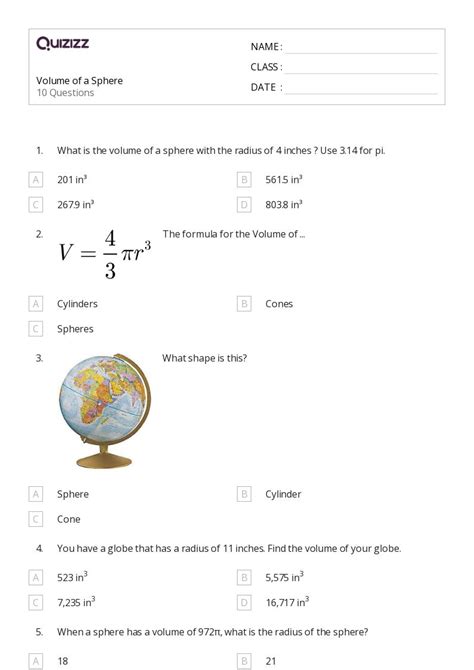 Volume Of A Sphere Worksheets For Th Year On Quizizz Free