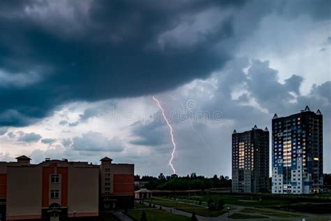 Thunderstorm With Lightning Bolt Strike Over City Moment Lightning