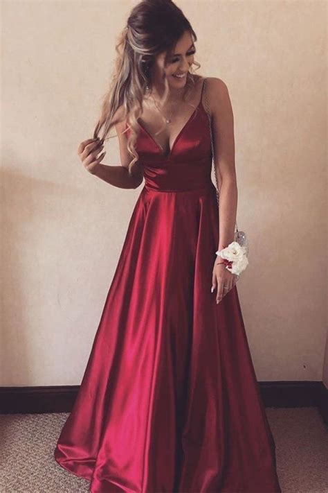 A Line V Neck Burgundy Satin Long Prom Dress V Neck Burgundy Formal