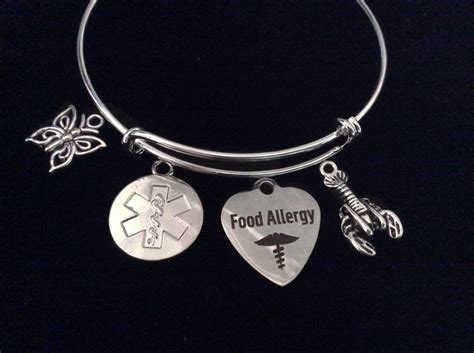 Medical Alert Food Allergy Silver Expandable Charm Bracelet Adjustable ...