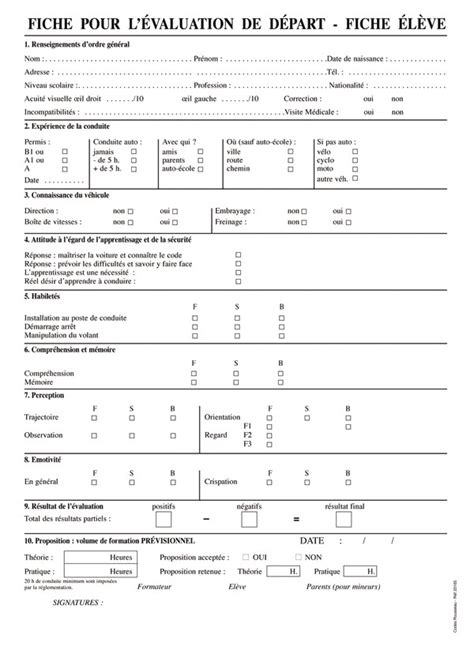 Évaluation de départ Auto école Sence